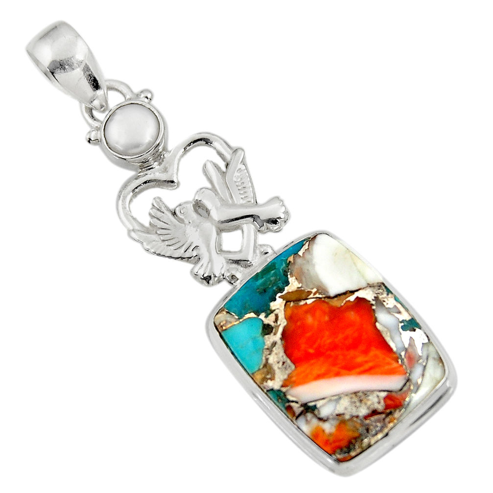 21.30cts spiny oyster arizona turquoise 925 silver love birds pendant d36284