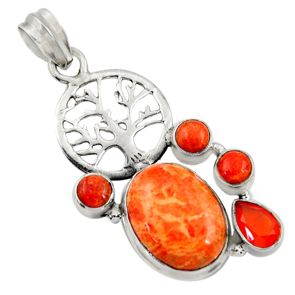 925 silver 13.45cts red copper turquoise cornelian tree of life pendant d36308