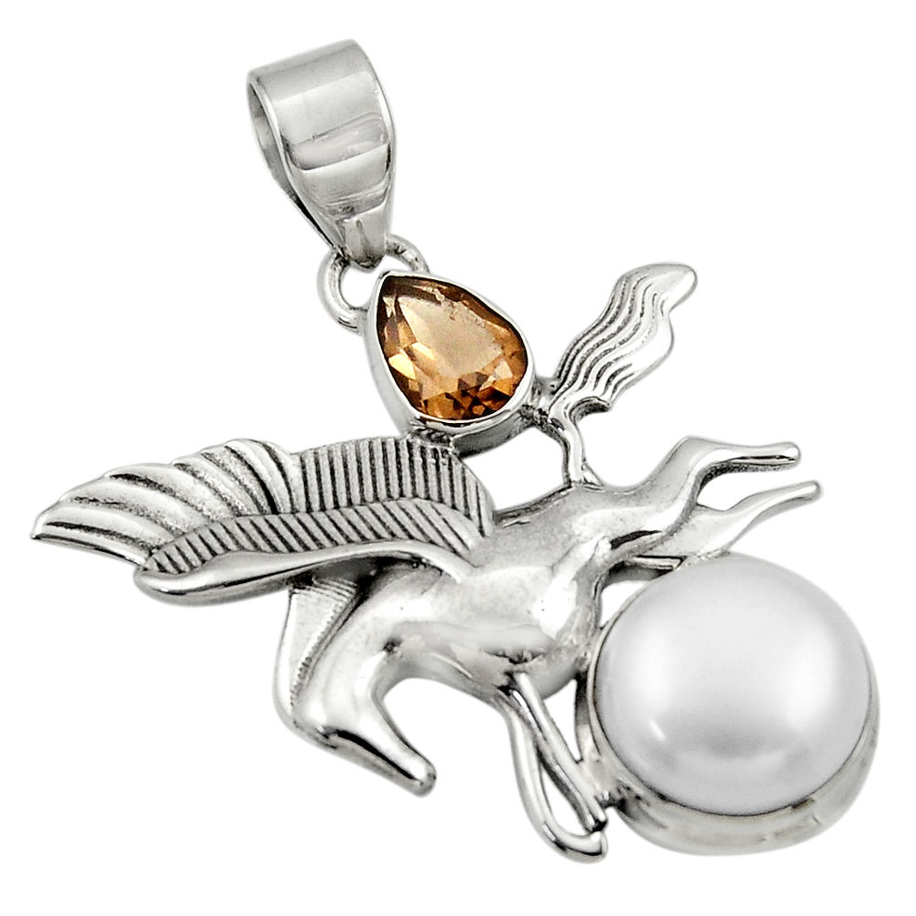 8.52cts fine pearl smoky topaz 925 sterling silver unicorn pendant d36342