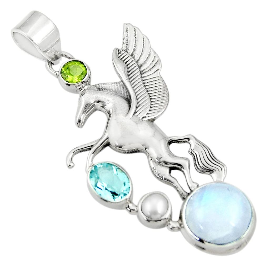 925 silver 10.43cts natural rainbow moonstone peridot unicorn pendant d36359