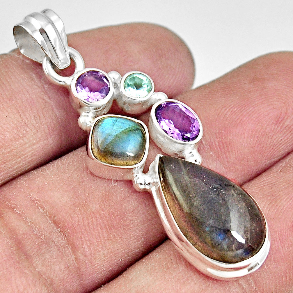 14.12cts natural blue labradorite amethyst 925 sterling silver pendant d36442