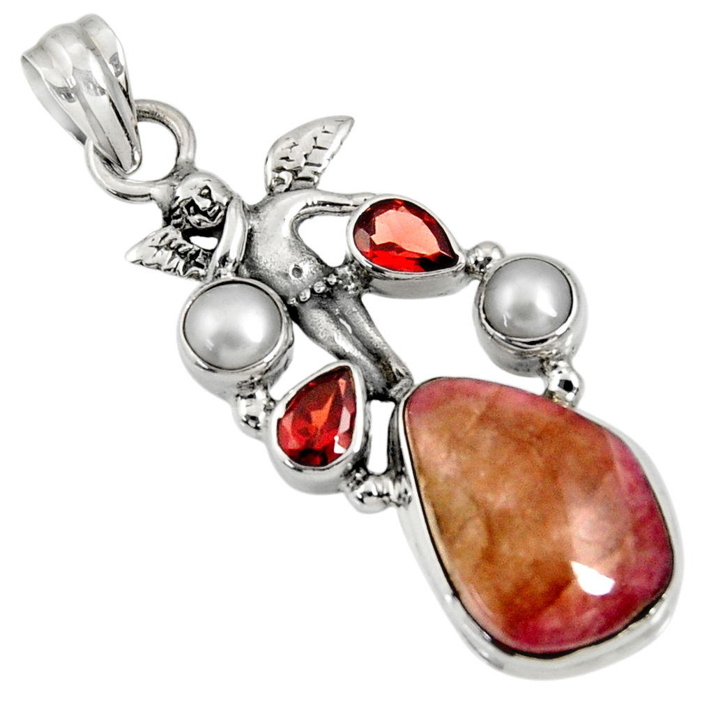  pink bio tourmaline garnet pearl silver angel pendant d36547