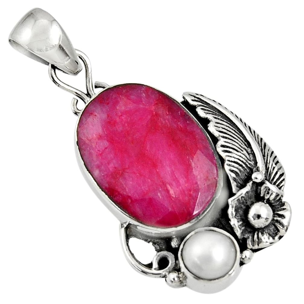 14.41cts natural red ruby pearl 925 sterling silver flower pendant d36617