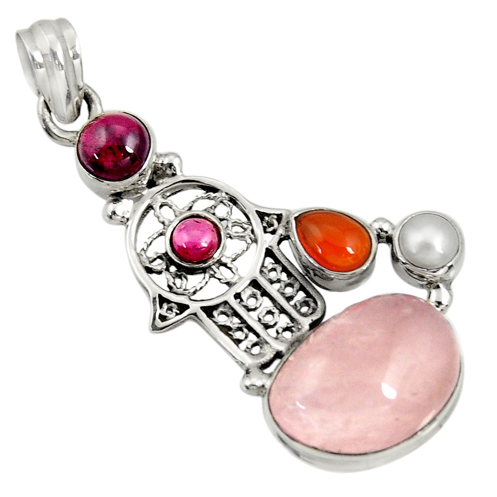 16.17cts natural morganite cornelian 925 silver hand of god hamsa pendant d36708