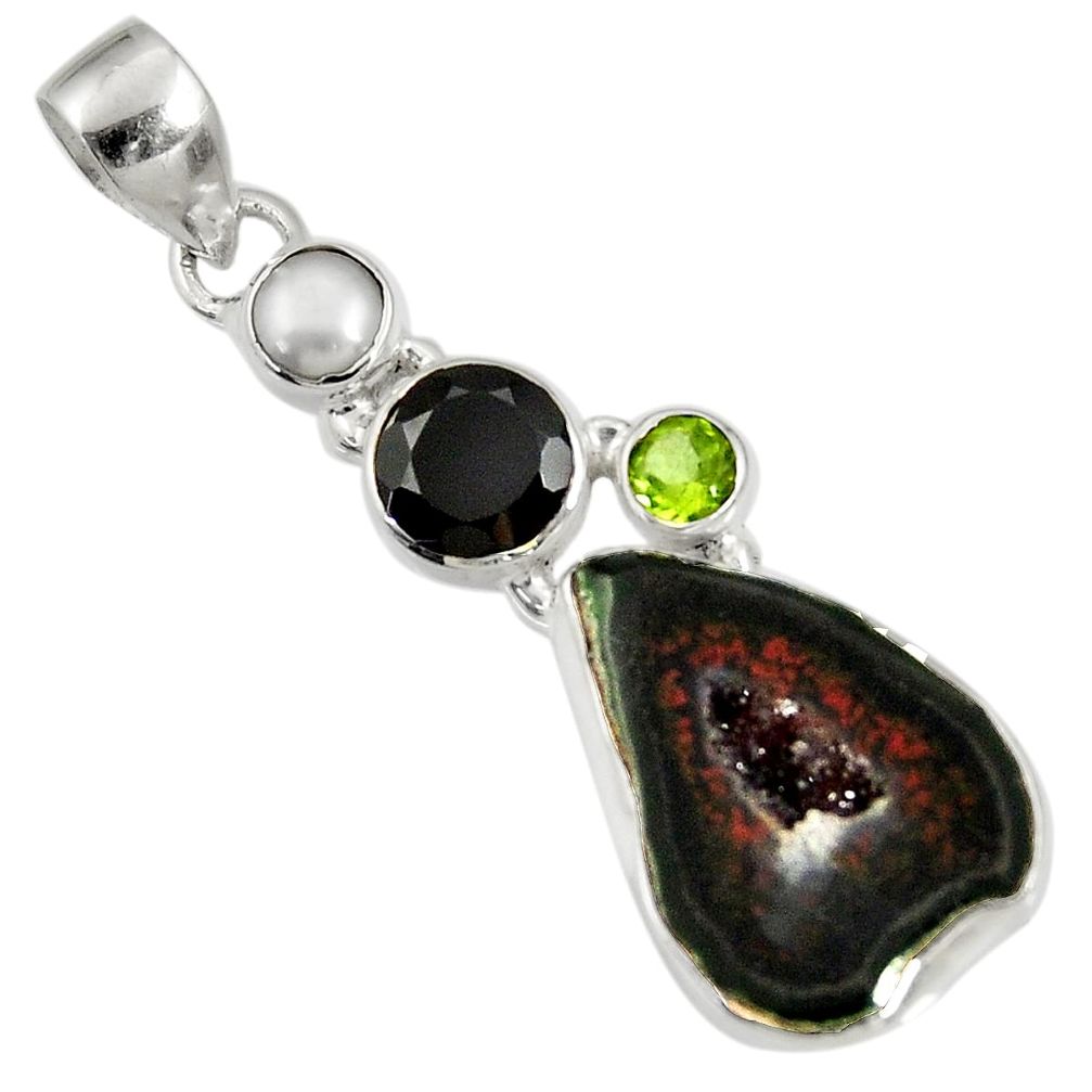 13.15cts natural black geode druzy onyx 925 sterling silver pendant d36763