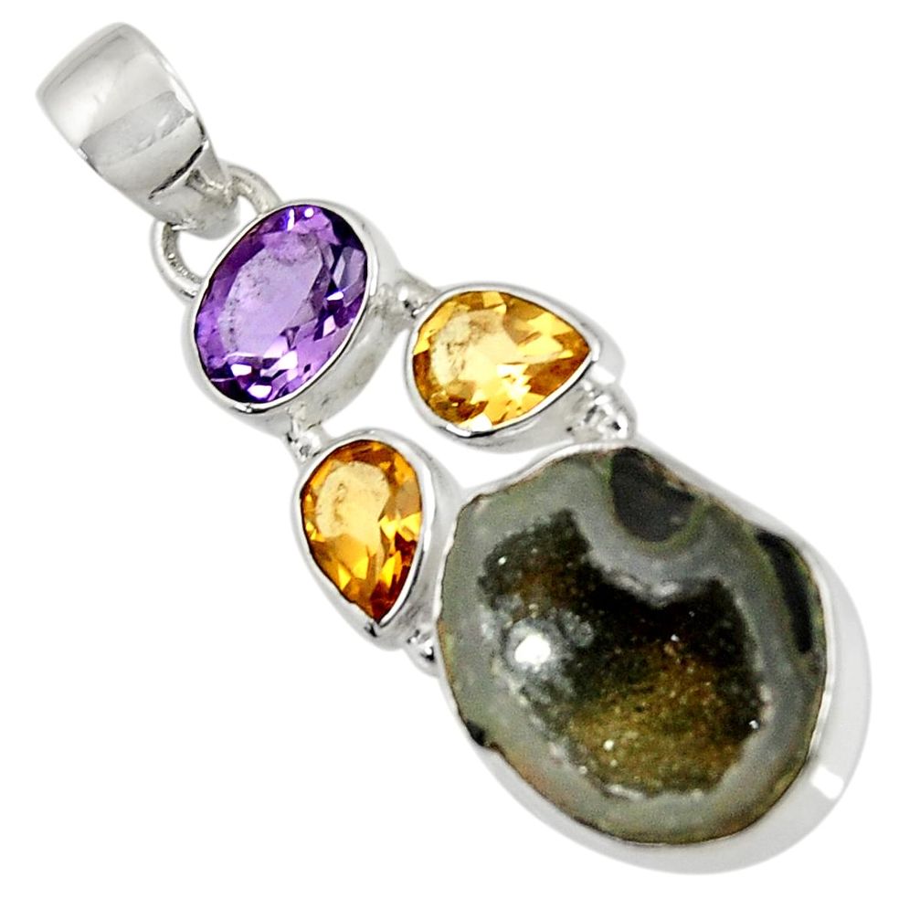 12.60cts natural black geode druzy amethyst citrine 925 silver pendant d36767