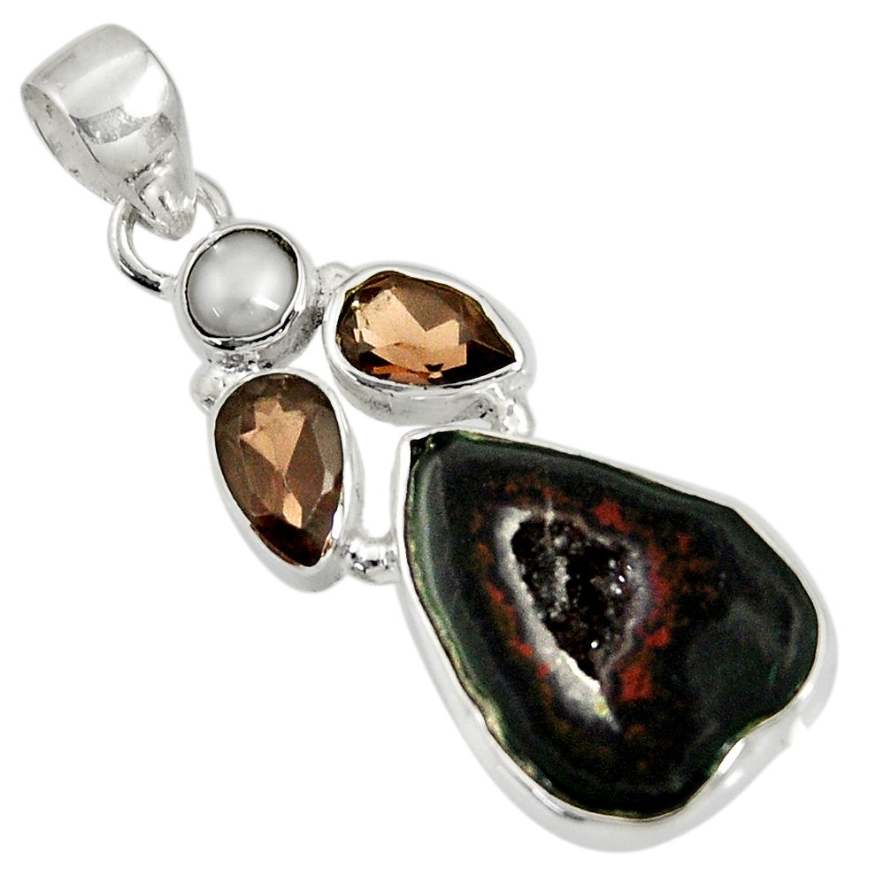 925 silver 13.15cts natural black geode druzy smoky topaz pearl pendant d36772