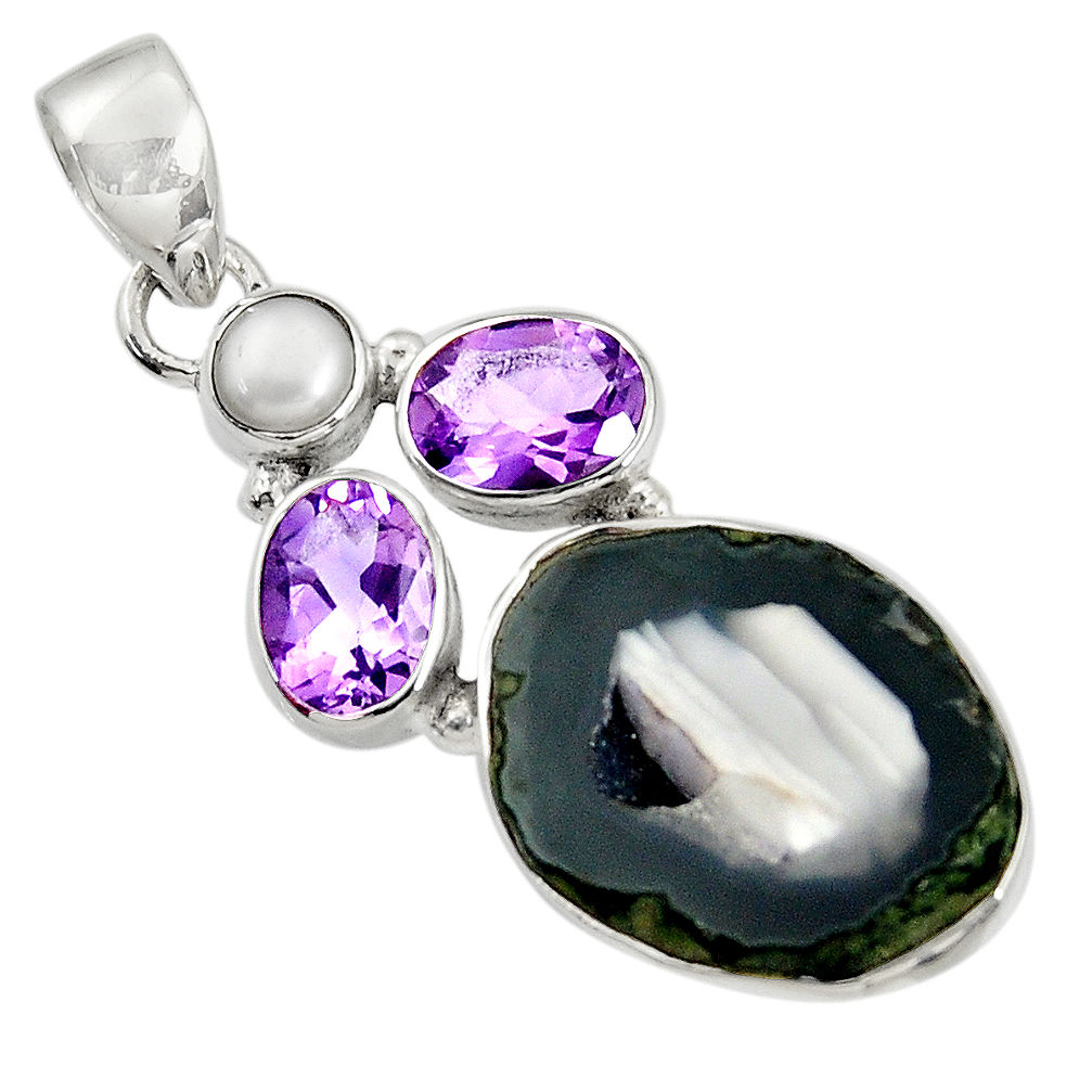 925 silver 15.55cts natural black geode druzy amethyst pearl pendant d36779