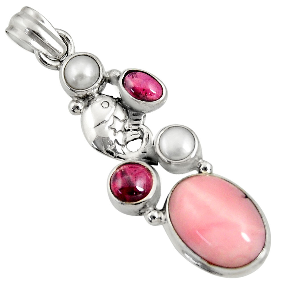 10.02cts natural pink opal garnet pearl 925 sterling silver fish pendant d36793