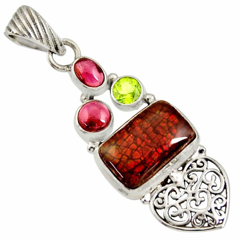 925 silver 12.34cts natural multi color ammolite (canadian) heart pendant d36826