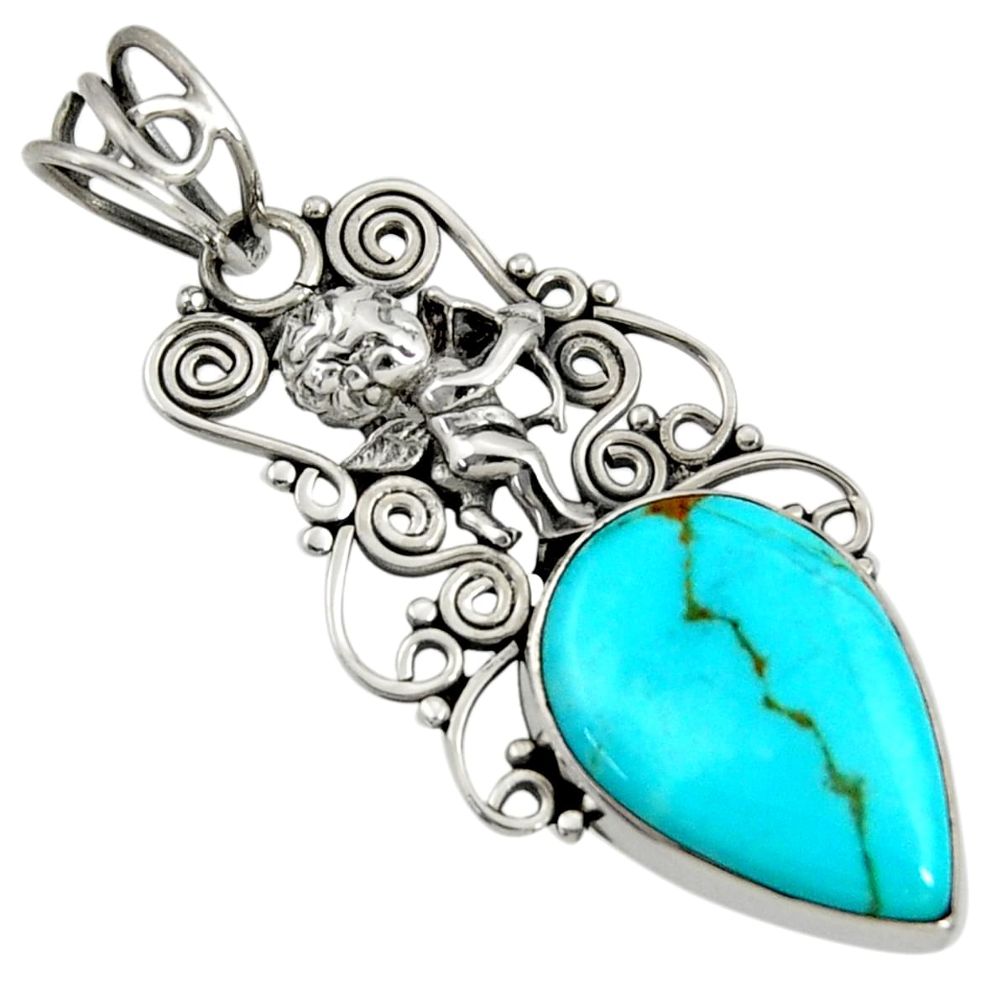 12.58cts natural kingman turquoise 925 silver angel wings fairy pendant d36916