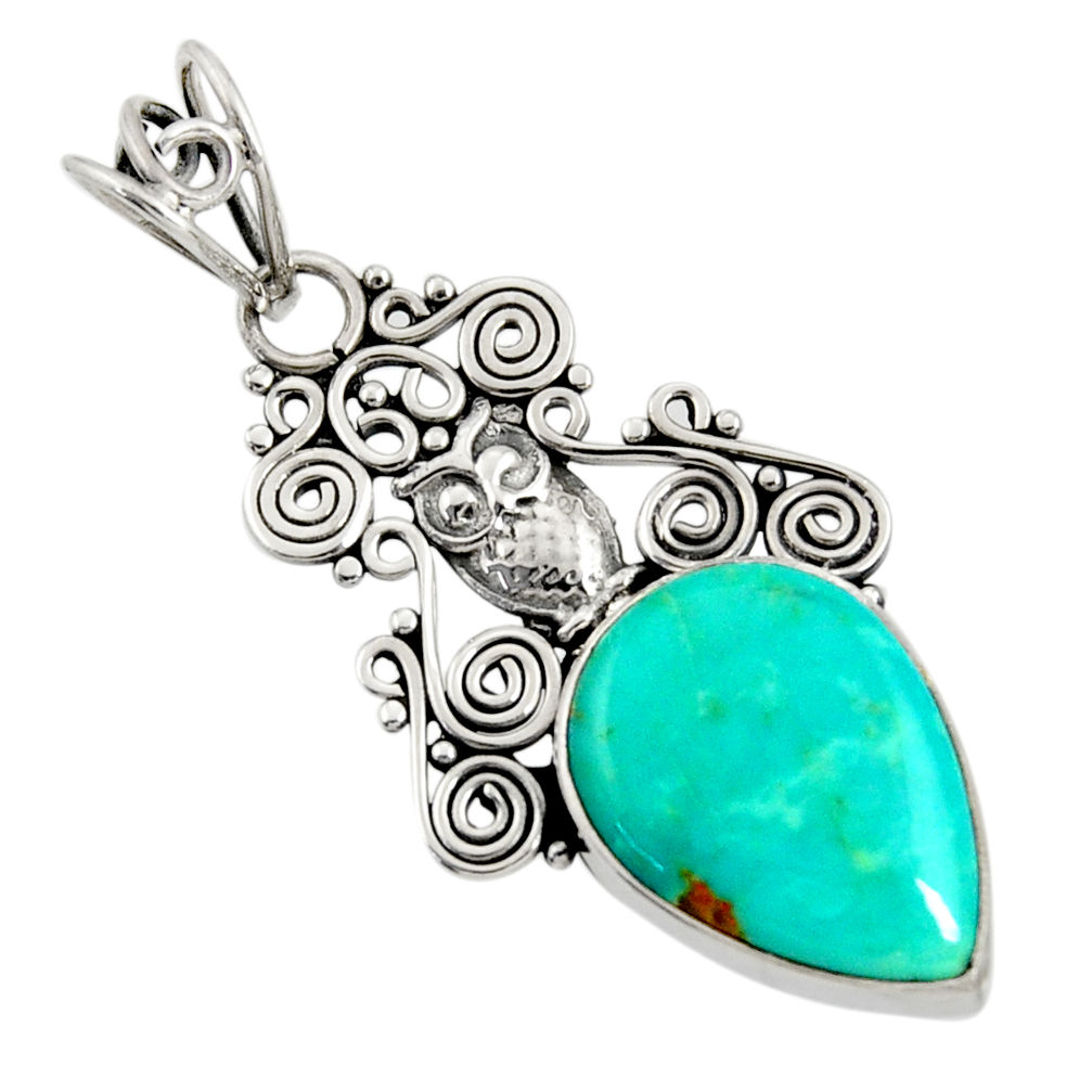 12.62cts natural green kingman turquoise 925 sterling silver owl pendant d36917