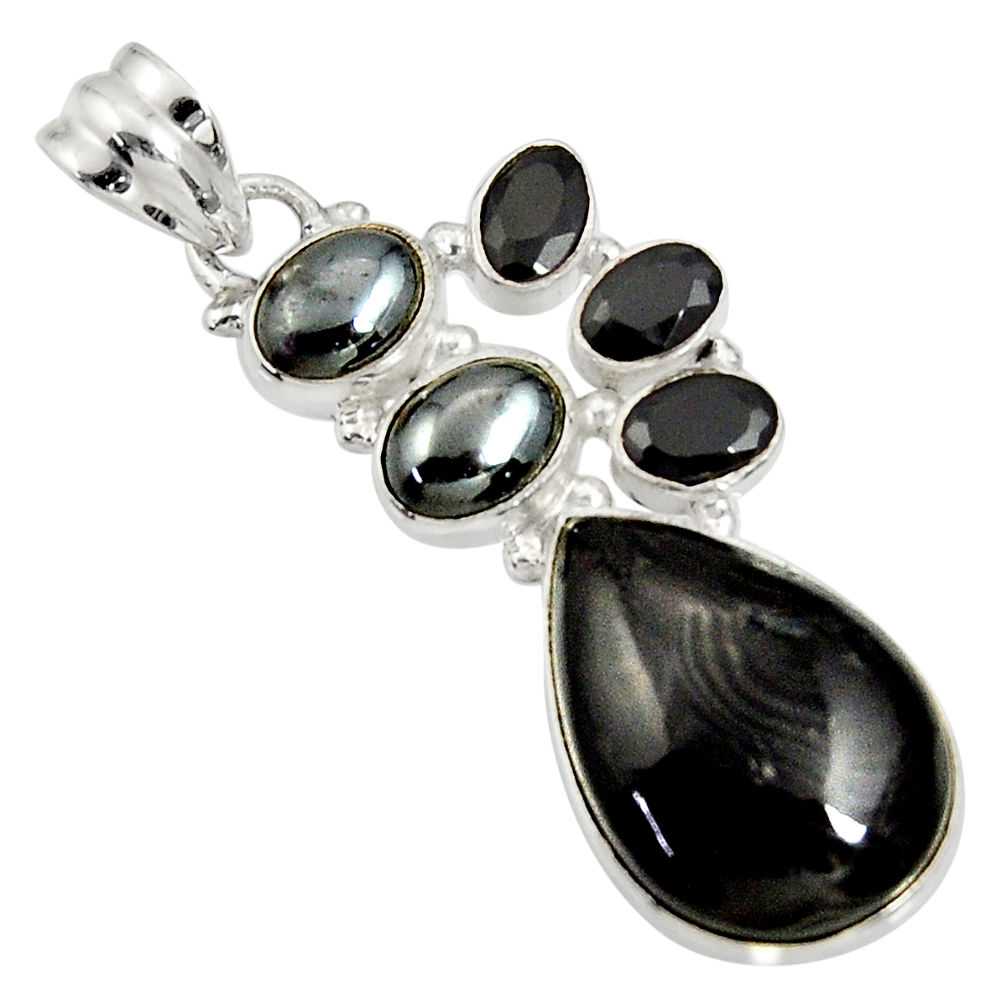 925 silver 19.27cts natural black psilomelane (crown of silver) pendant d37028