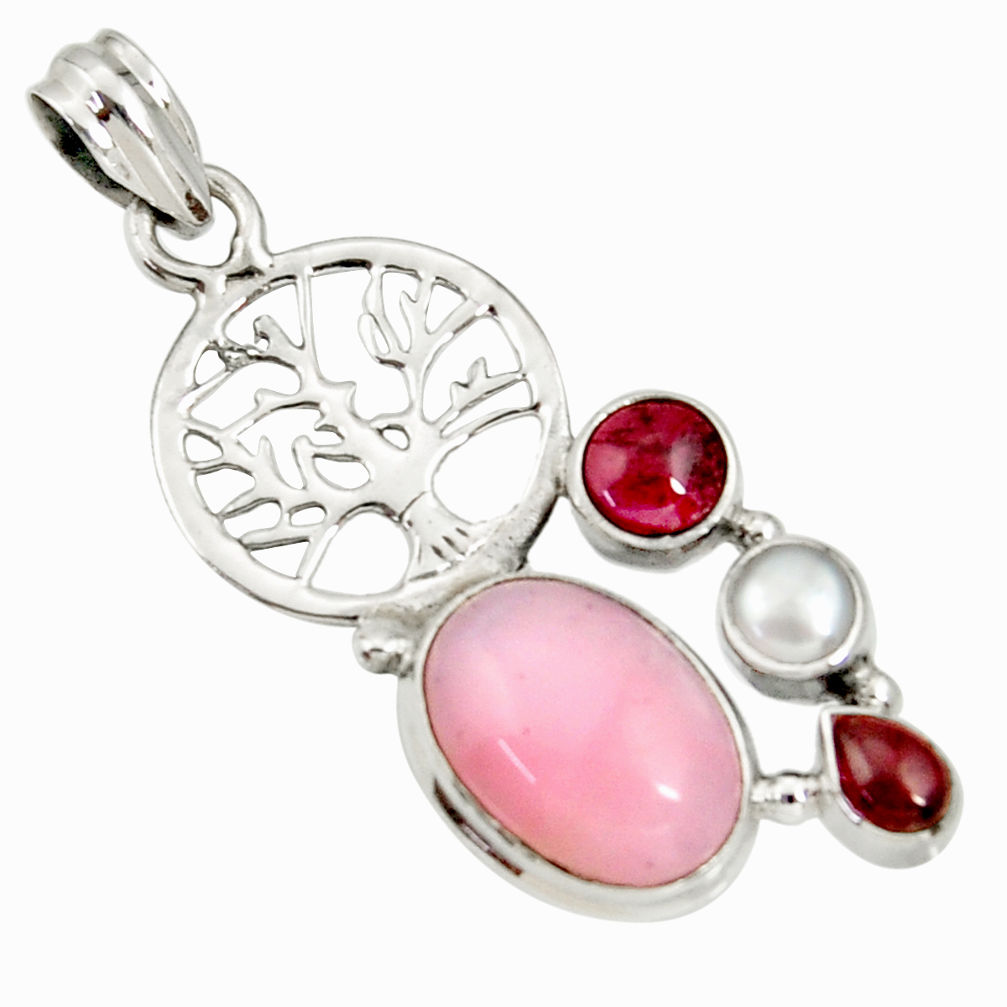 7.84cts natural pink opal garnet pearl 925 silver tree of life pendant d37046
