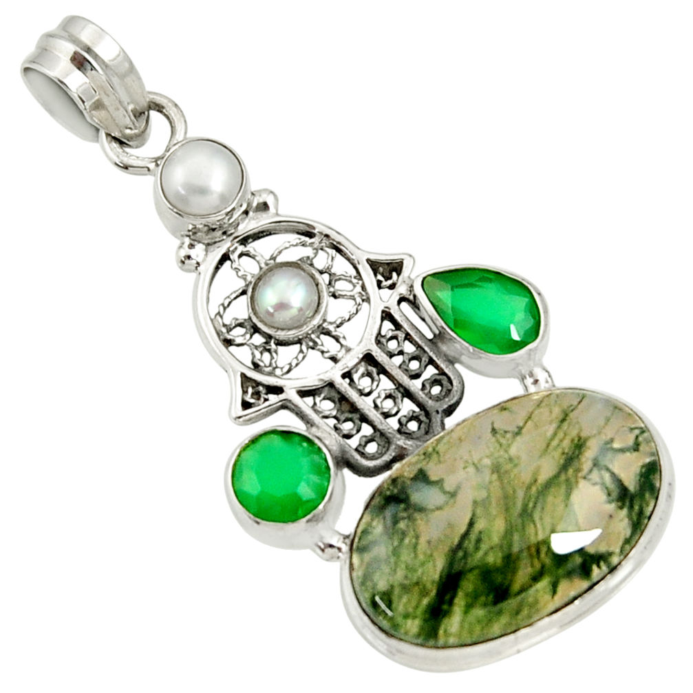 19.72cts natural green moss agate 925 silver hand of god hamsa pendant d37053