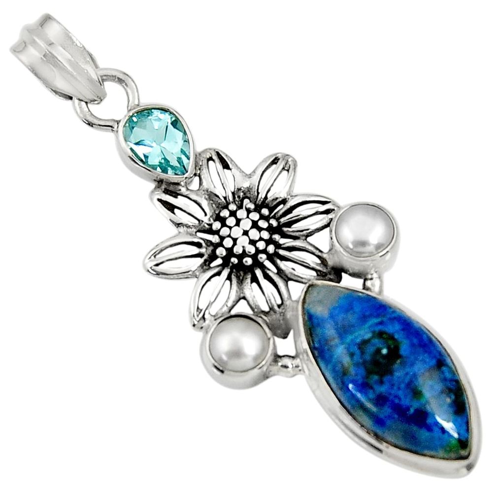 14.41cts natural blue shattuckite topaz pearl 925 silver flower pendant d37061