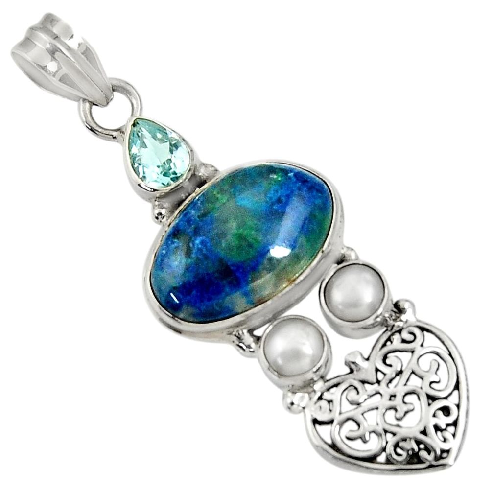 12.04cts natural blue shattuckite topaz pearl 925 sterling silver pendant d37065