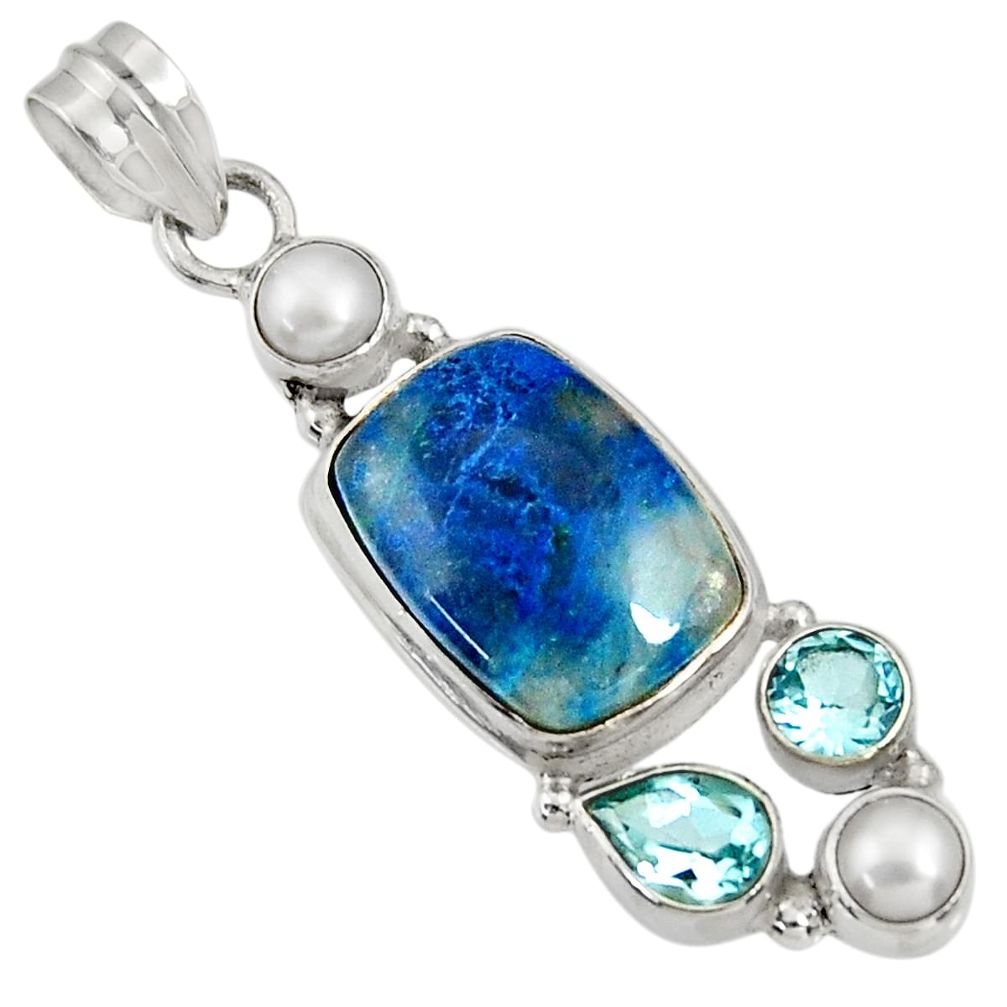 925 sterling silver 11.25cts natural blue shattuckite topaz pearl pendant d37073