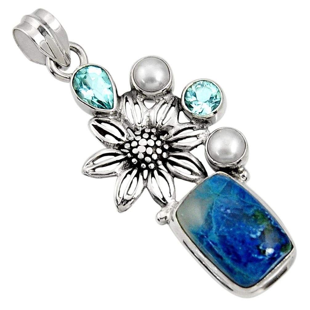 13.22cts natural blue shattuckite topaz pearl 925 silver flower pendant d37074