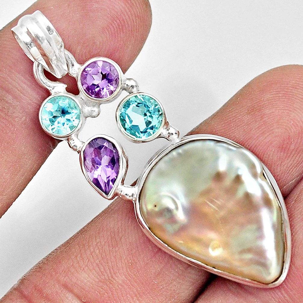 19.27cts natural blister pearl amethyst topaz 925 sterling silver pendant d37084