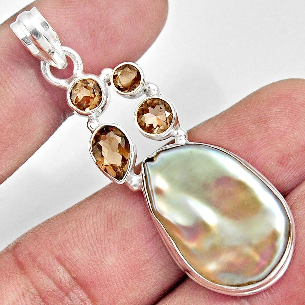 24.00cts natural blister pearl smoky topaz 925 sterling silver pendant d37086
