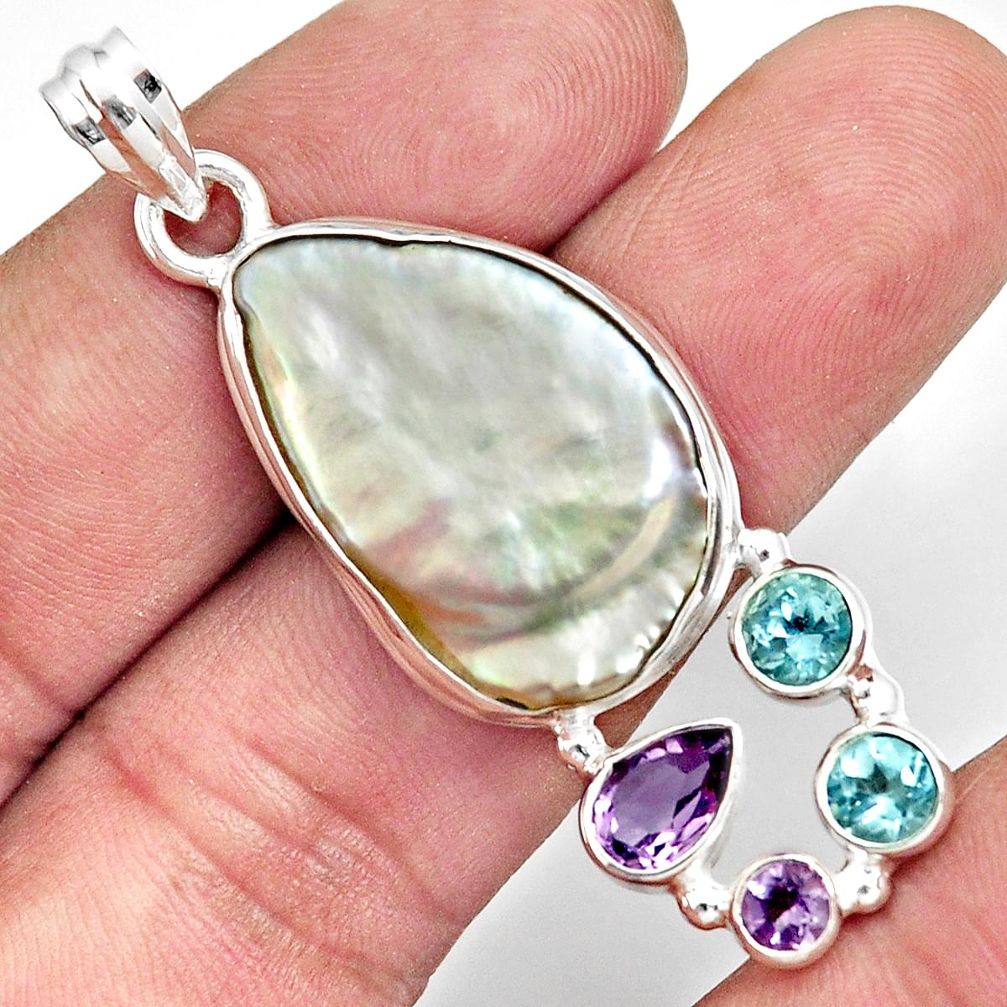 925 sterling silver 23.11cts natural blister pearl amethyst topaz pendant d37091