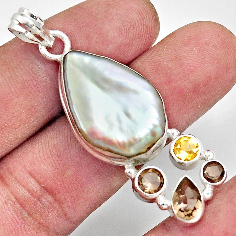22.59cts natural blister pearl smoky topaz 925 sterling silver pendant d37095