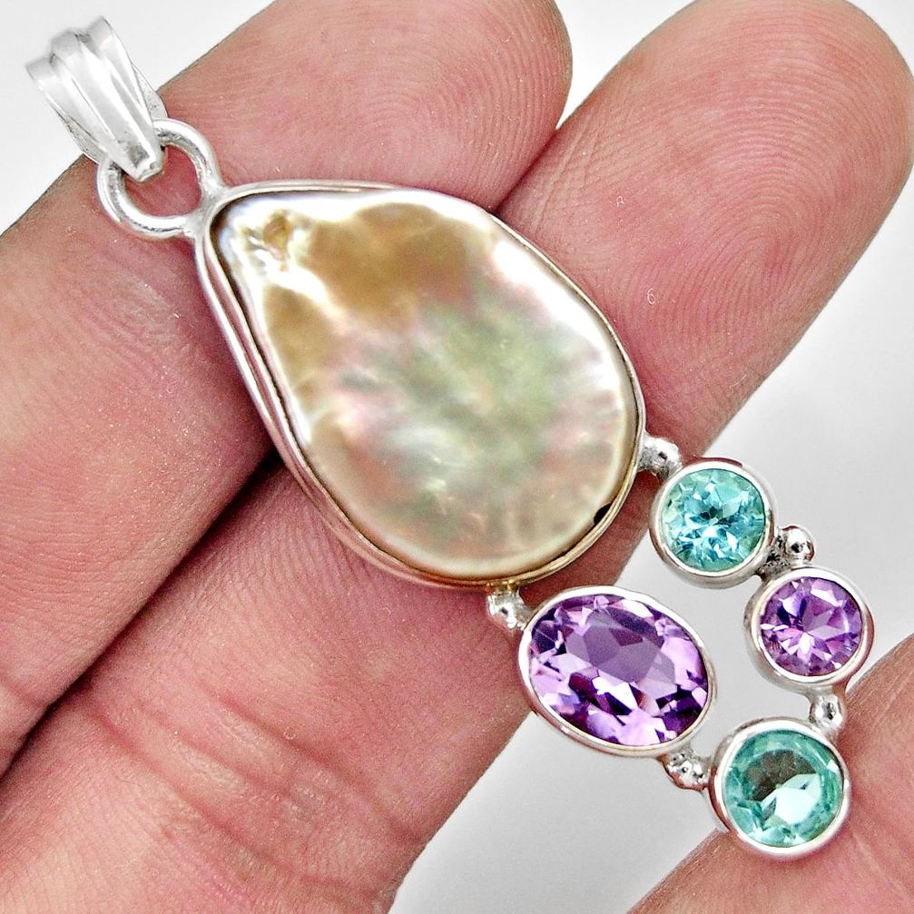 20.88cts natural blister pearl amethyst topaz 925 sterling silver pendant d37101