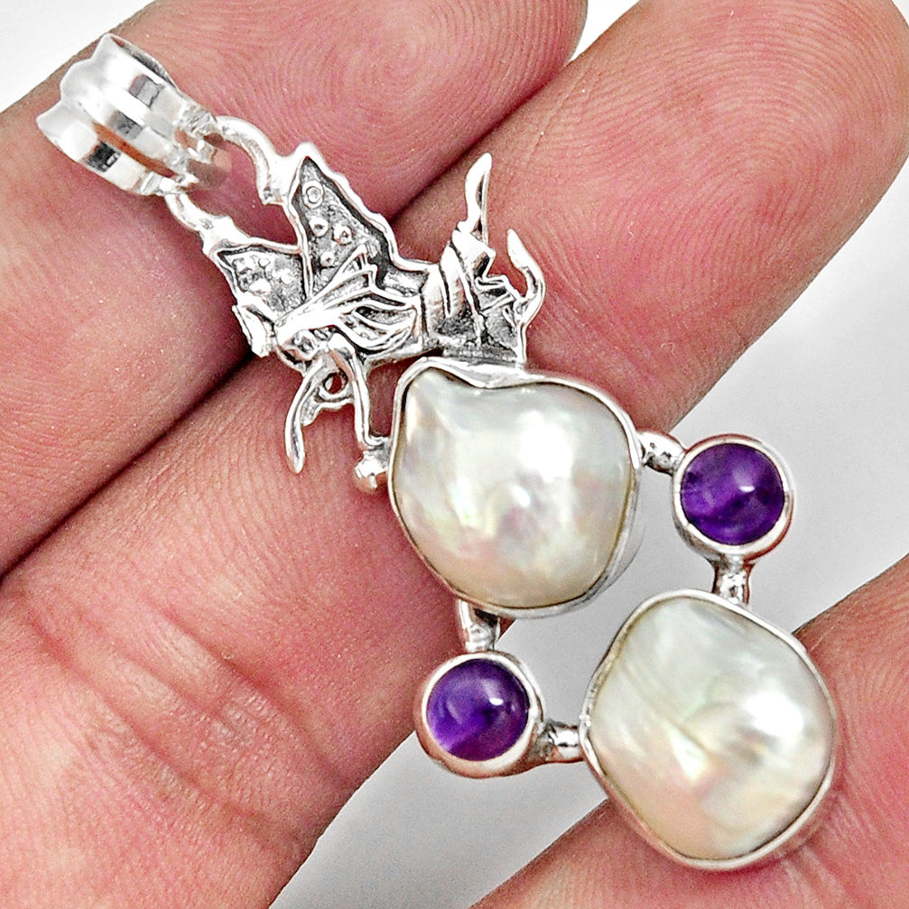 925 sterling silver 17.36cts natural blister pearl amethyst angel pendant d37108