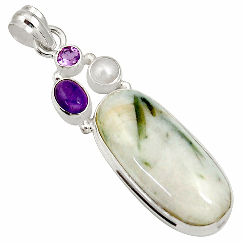 925 silver 24.08cts natural green tourmaline in quartz amethyst pendant d37244