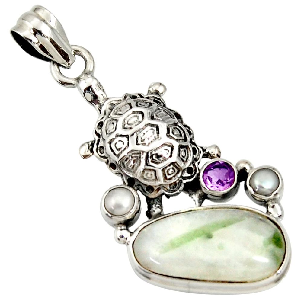  green tourmaline in quartz 925 silver turtle pendant d37246