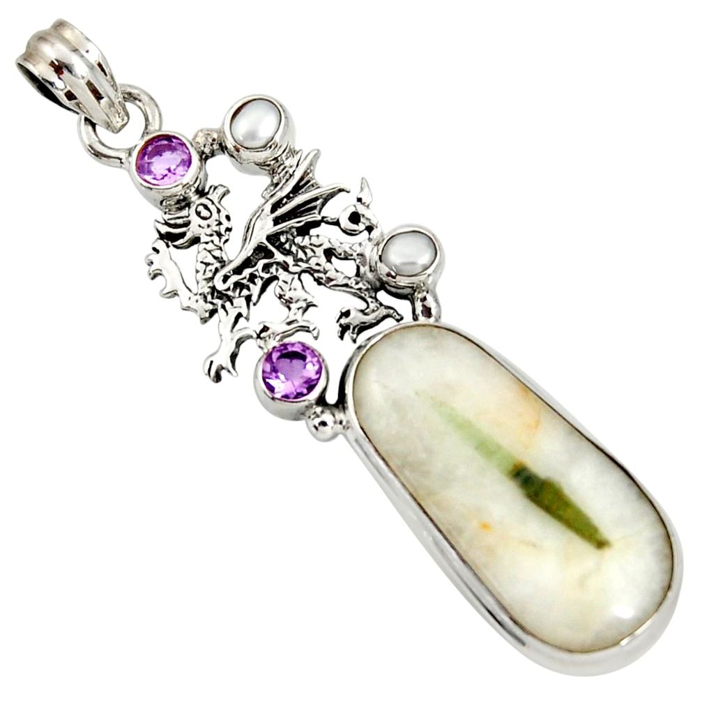 925 silver 22.57cts natural green tourmaline in quartz dragon pendant d37248