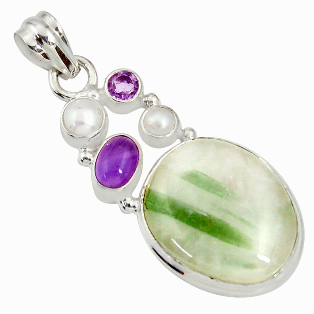  green tourmaline in quartz amethyst 925 silver pendant d37254