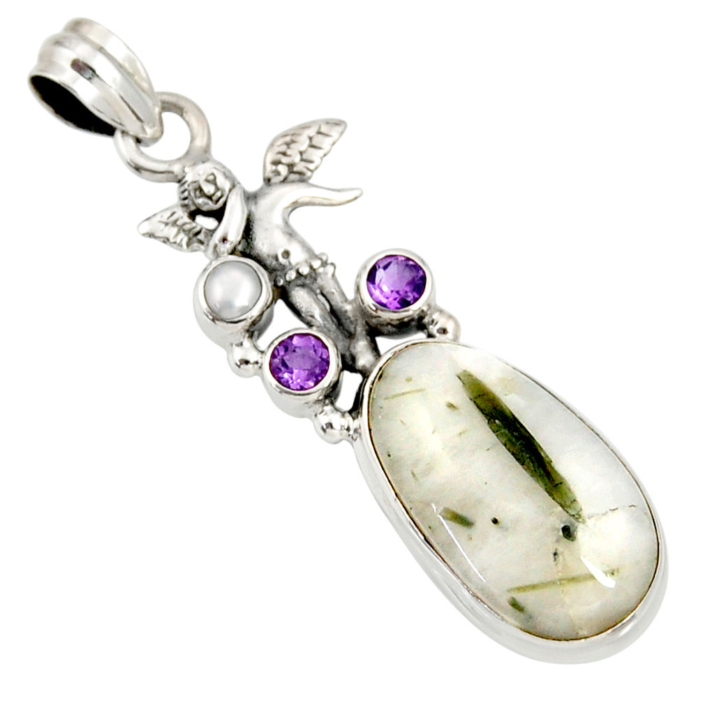  tourmaline in quartz silver angel wings fairy pendant d37255