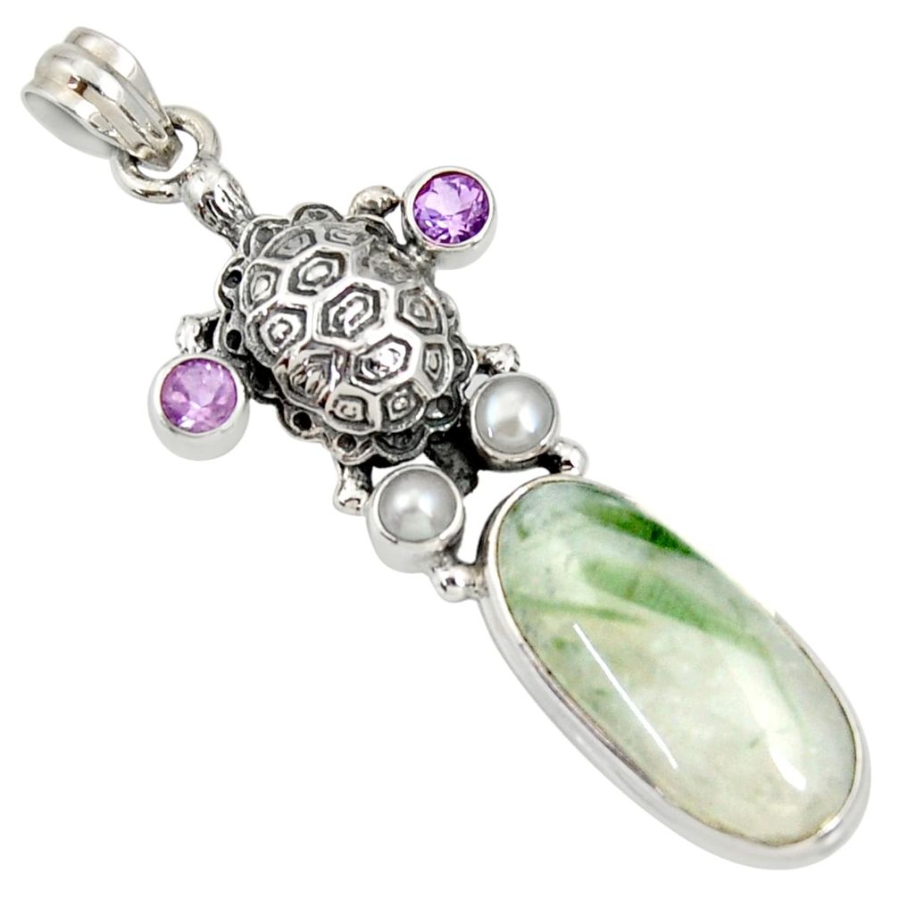  green tourmaline in quartz 925 silver turtle pendant d37257