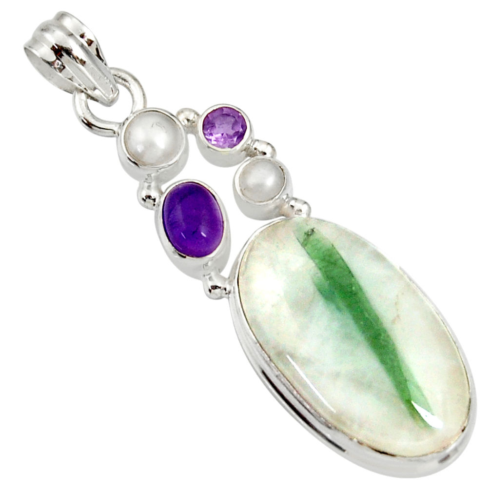 22.98cts natural green tourmaline in quartz amethyst 925 silver pendant d37260