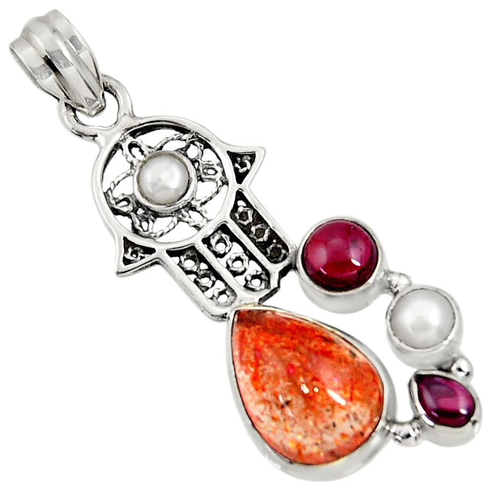 925 silver natural sunstone (hematite feldspar) hand of god hamsa pendant d37337