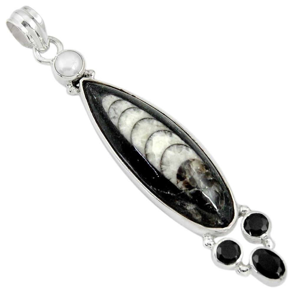 22.54cts natural black orthoceras onyx 925 sterling silver pendant d37363