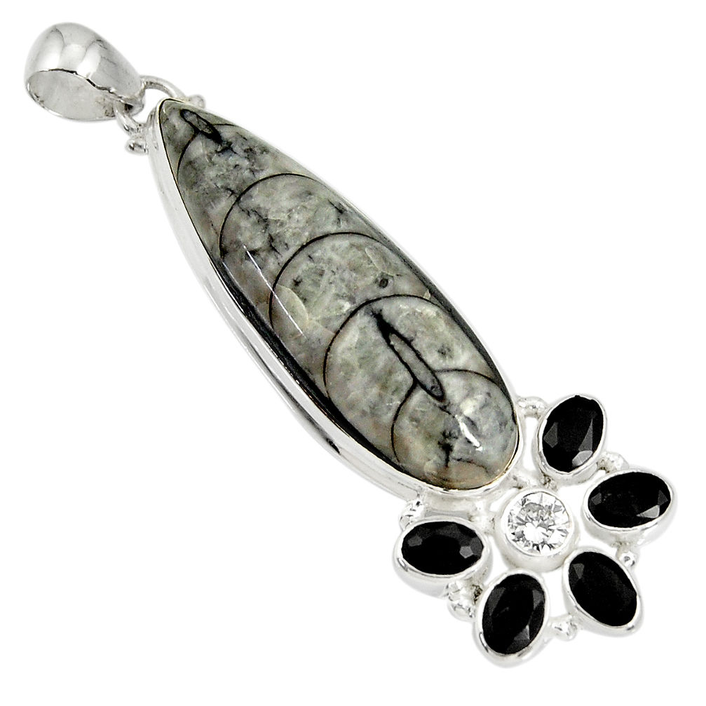 33.08cts natural black orthoceras onyx 925 sterling silver pendant d37365