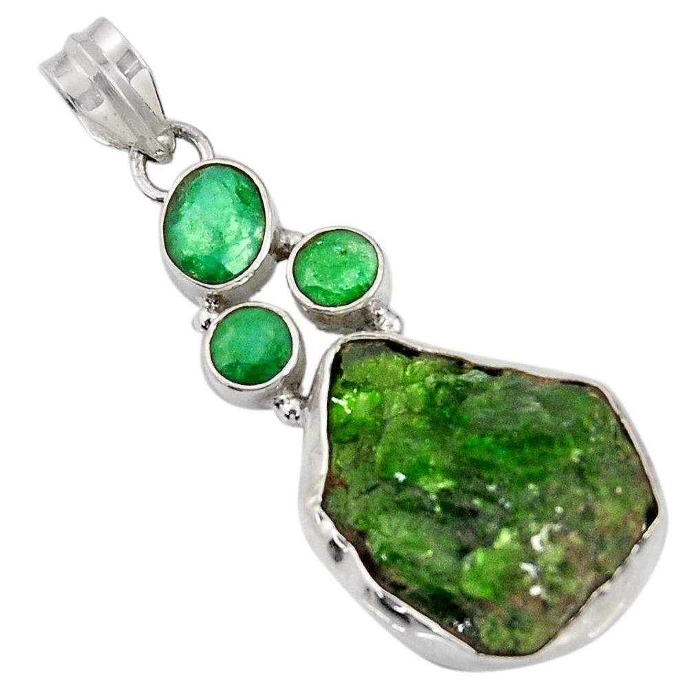 22.02cts green chrome diopside rough emerald 925 sterling silver pendant d37427