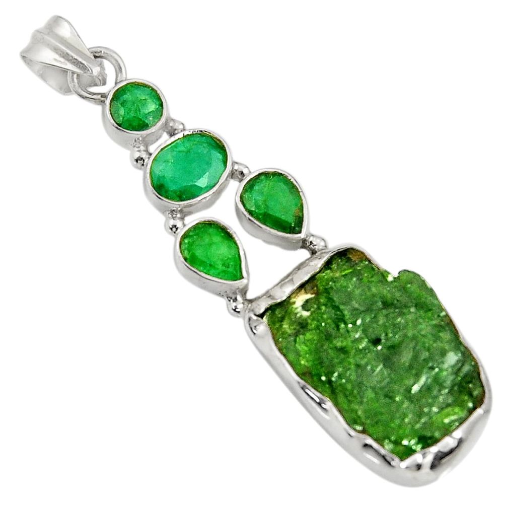 925 sterling silver 24.00cts green chrome diopside rough emerald pendant d37430