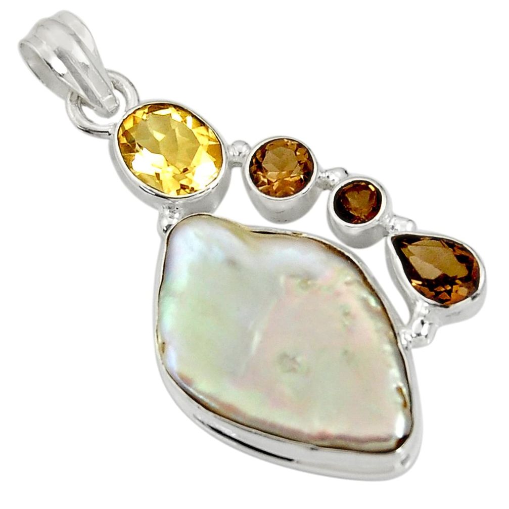 24.35cts natural blister pearl smoky topaz 925 sterling silver pendant d37437