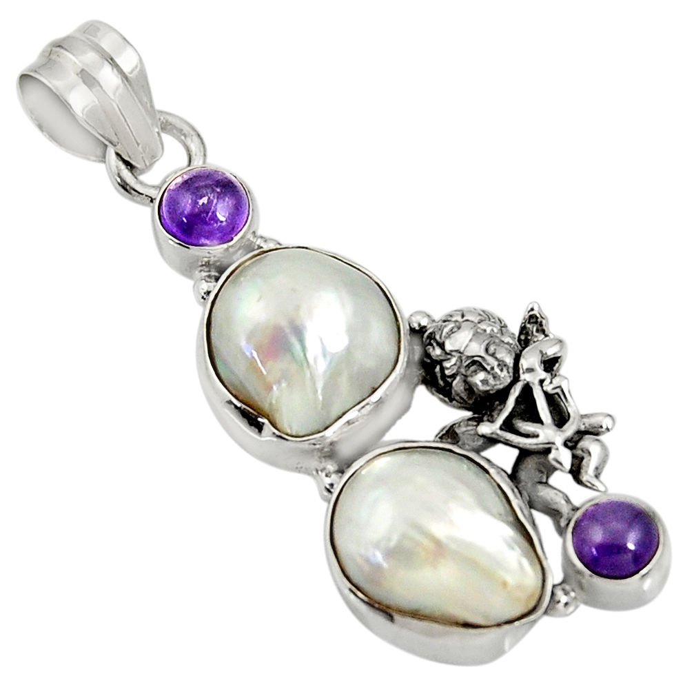 925 sterling silver 14.20cts natural blister pearl amethyst angel pendant d37439