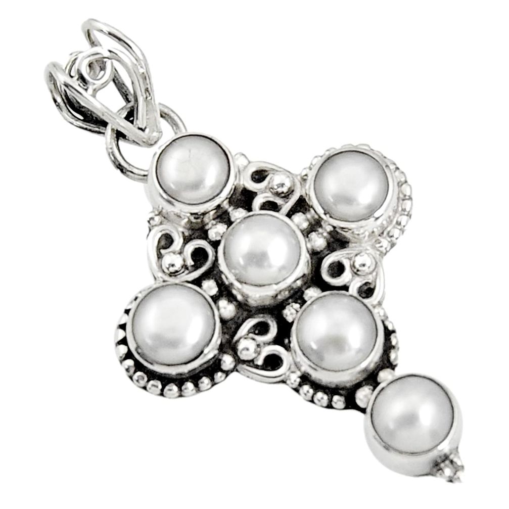 925 sterling silver 5.84cts natural white pearl round holy cross pendant d37534