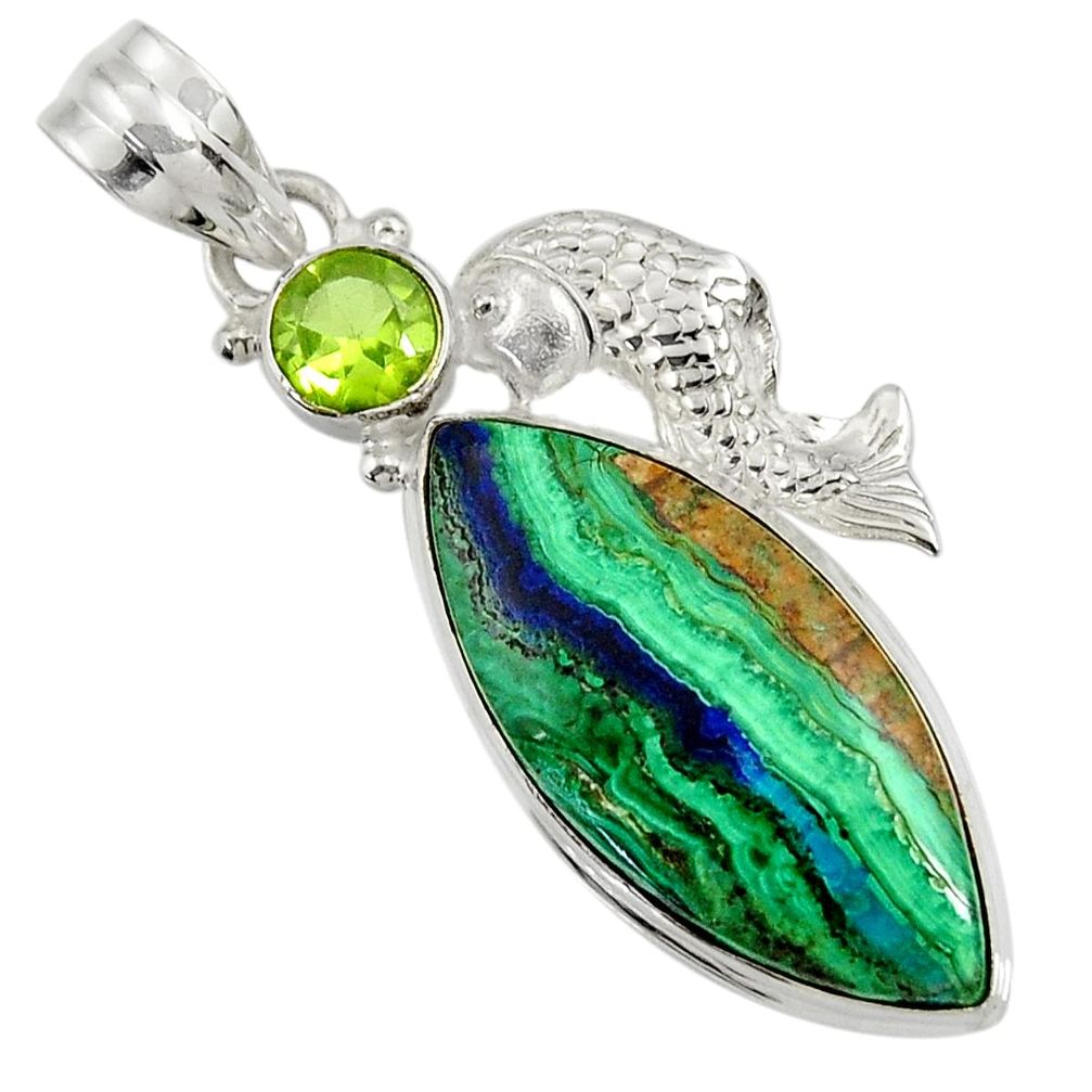  green malachite in azurite 925 silver fish pendant d37685