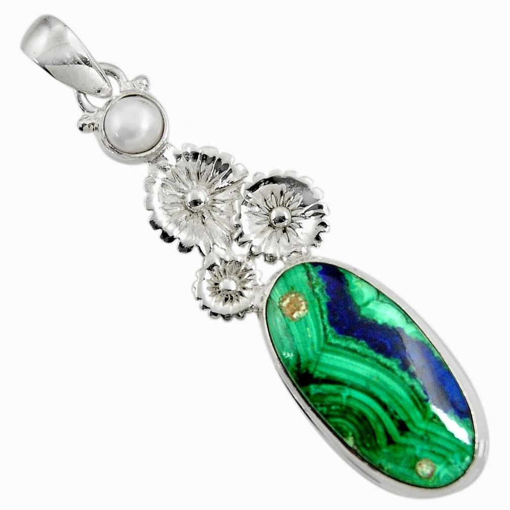 20.33cts natural green malachite in azurite 925 silver flower pendant d37686