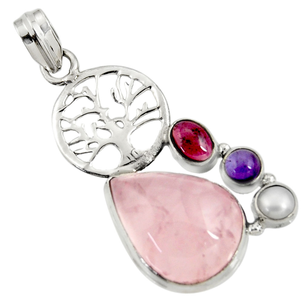 925 silver 22.02cts natural pink rose quartz pearl tree of life pendant d37704