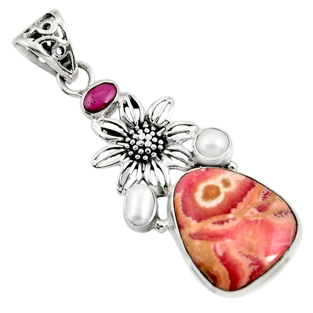 24.08cts natural pink rhodochrosite inca rose 925 silver flower pendant d37721