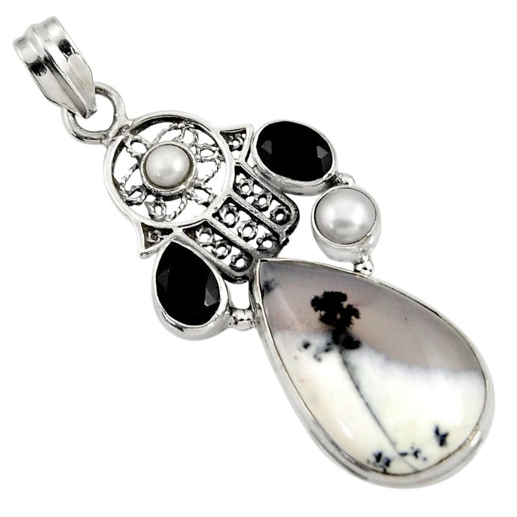  white dendrite opal 925 silver hand of god hamsa pendant d37730