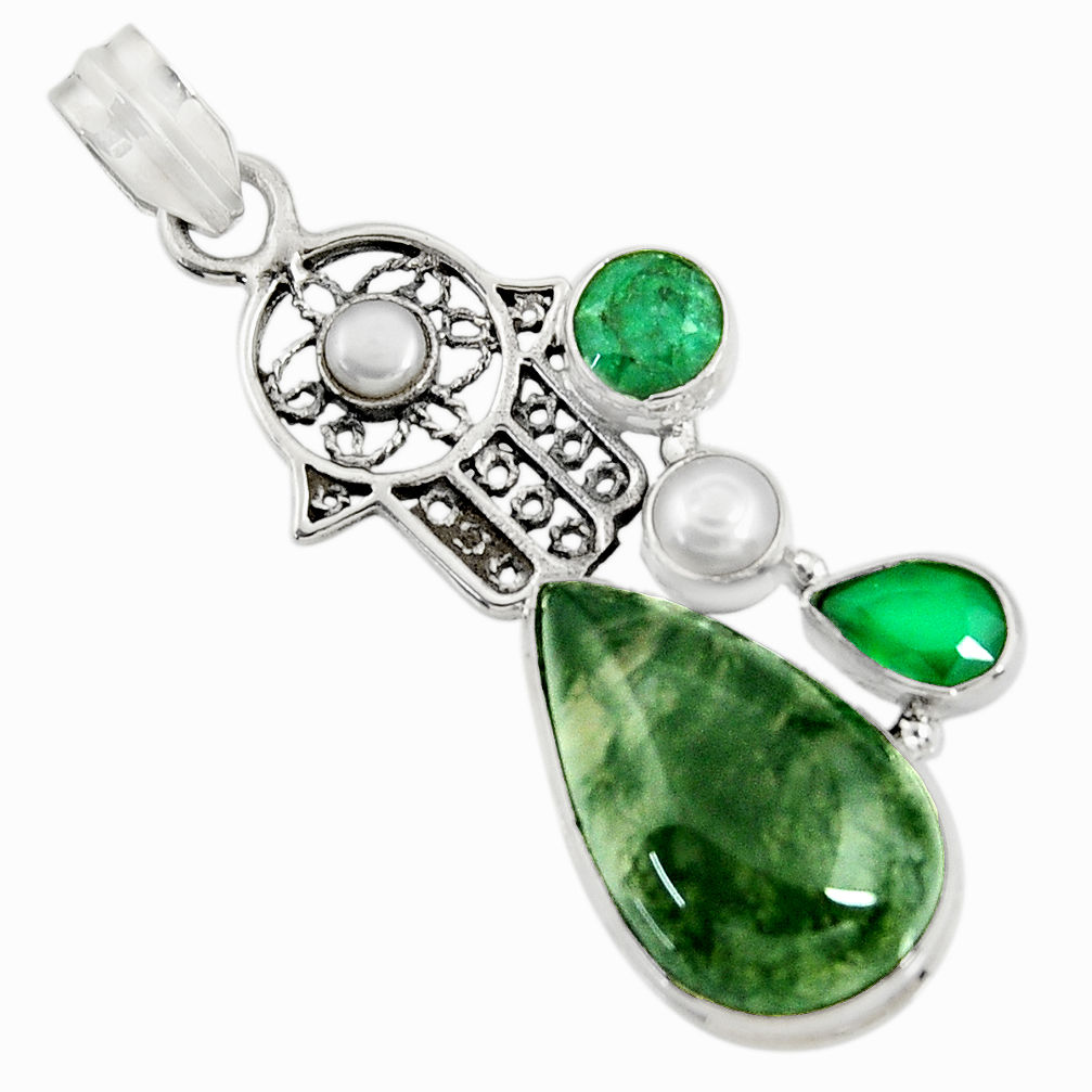 20.07cts natural green moss agate 925 silver hand of god hamsa pendant d37732